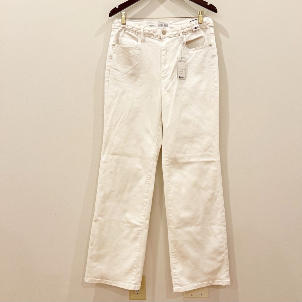 Judy Blue Jeans Size 13 31 White High Rise Braided Waist Wide Leg Stretch NEW